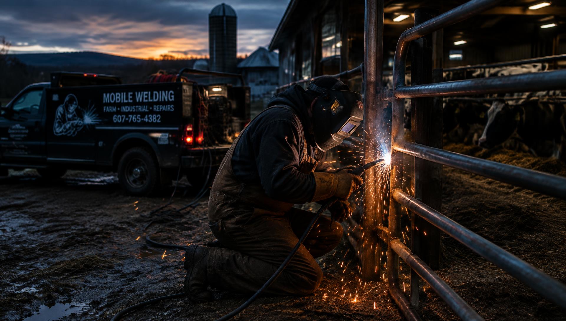 Welder repairing a steel cattle gate at a dairy barn